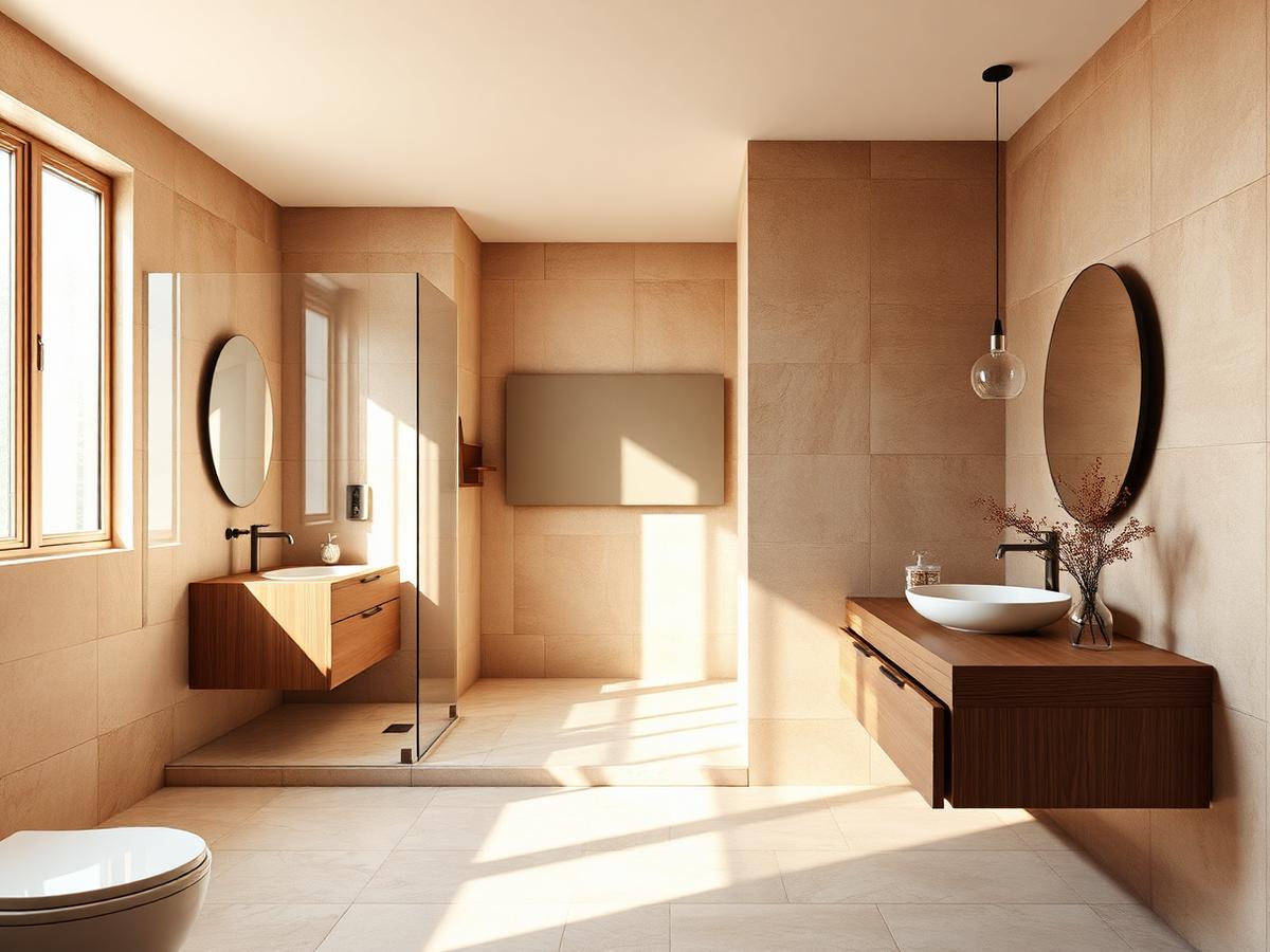 Modernes Badezimmer in Beigetönen mit einer flachen Wandheizfläche