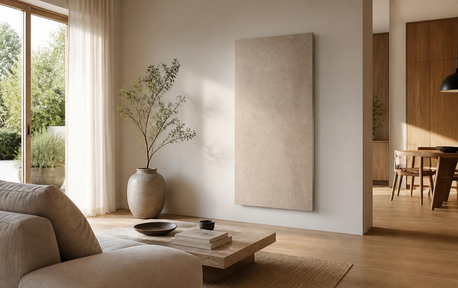 Heller Wohnraum mit einer flachen Natursteinfläche als Heizelement an der Wand