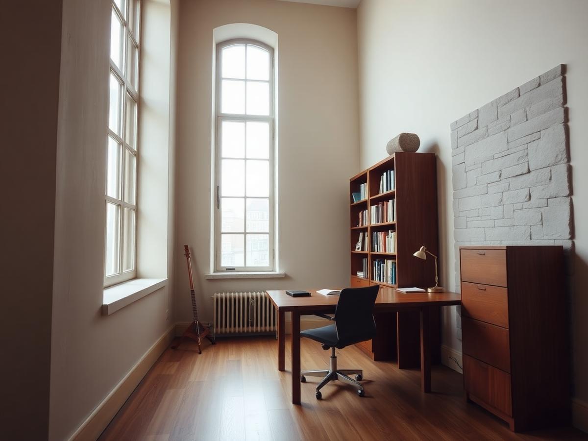 Ruhiges Homeoffice in einem Altbau mit hohem Fenster und Schreibtisch