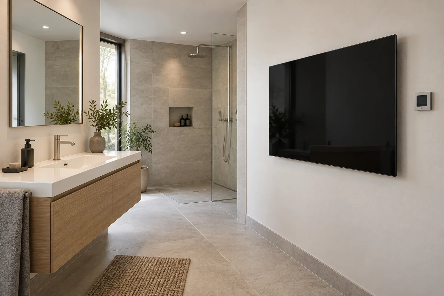 Badezimmer mit schwarzem Glas-Infrarotpaneel im trockenen Wandbereich