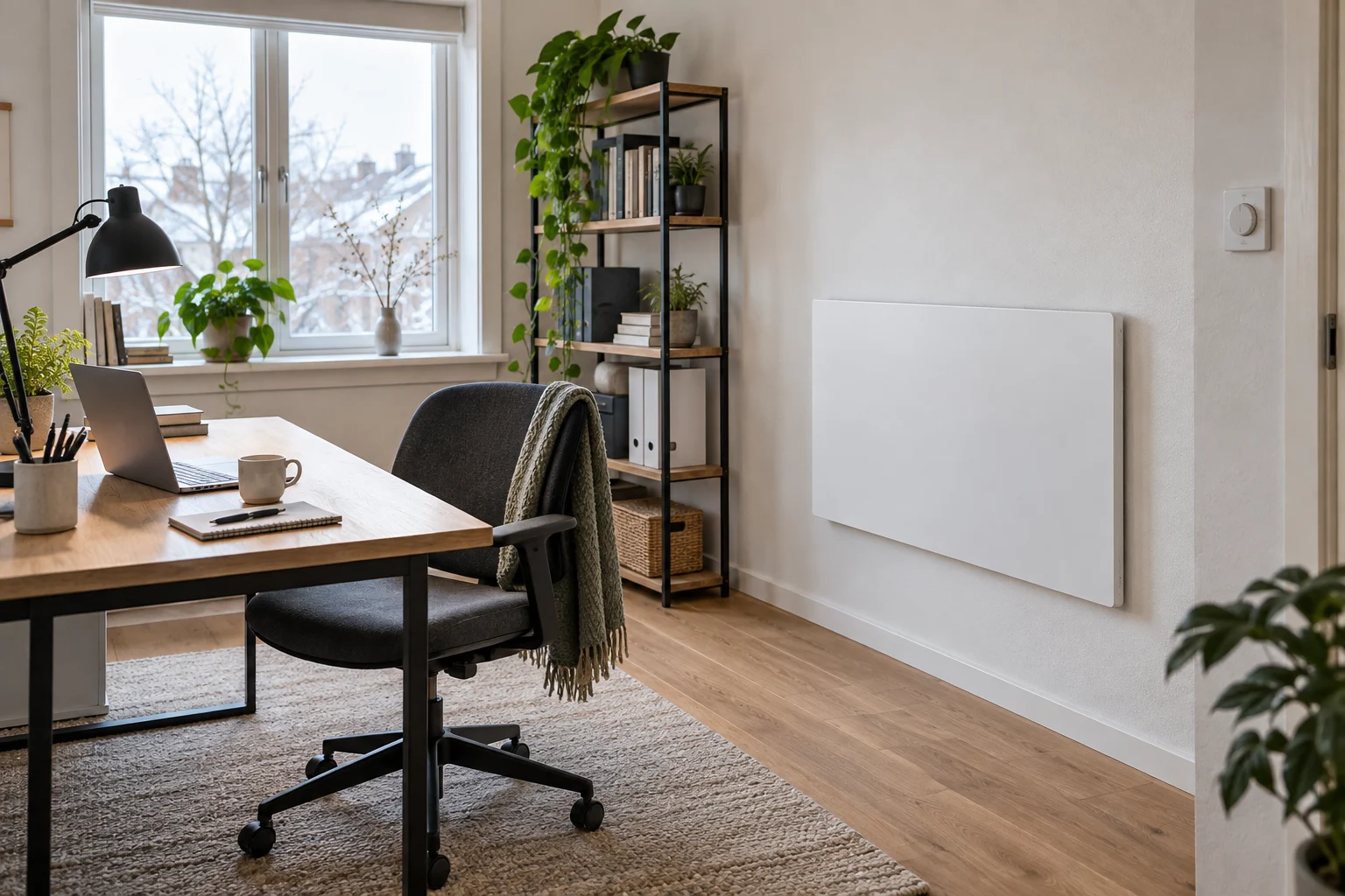 Homeoffice mit frei montiertem weißem Infrarot-Metallpaneel und Thermostat