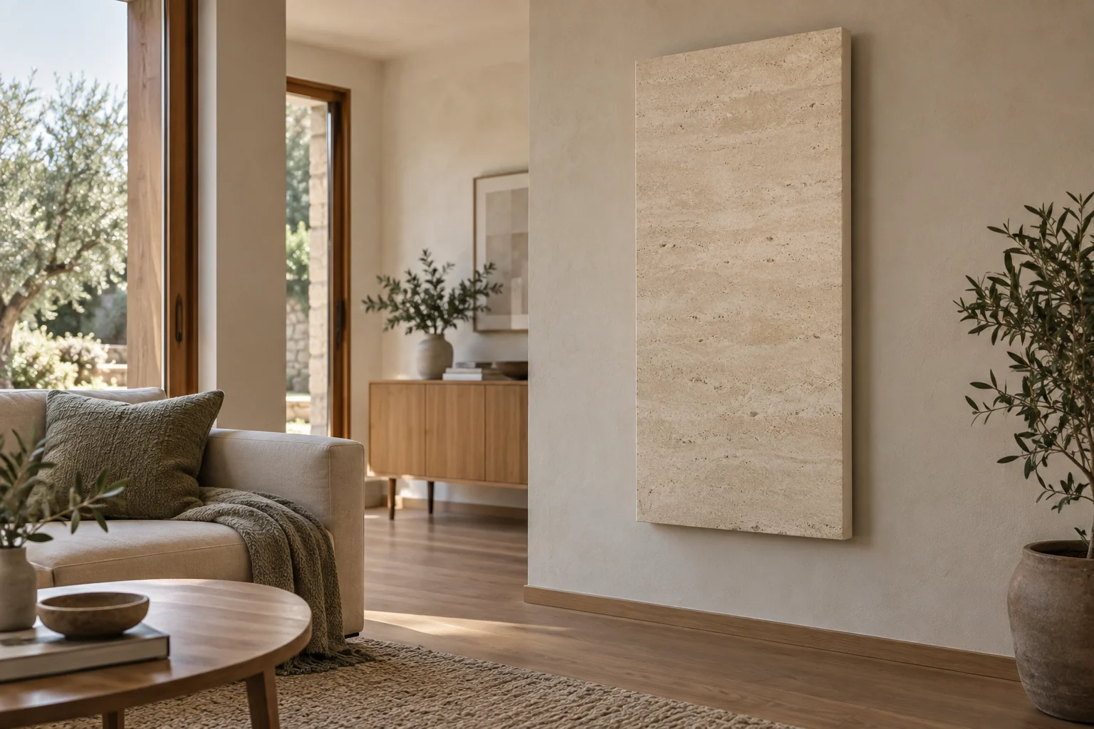 Heller Wohnraum mit einer flachen Natursteinfläche als Heizelement an der Wand